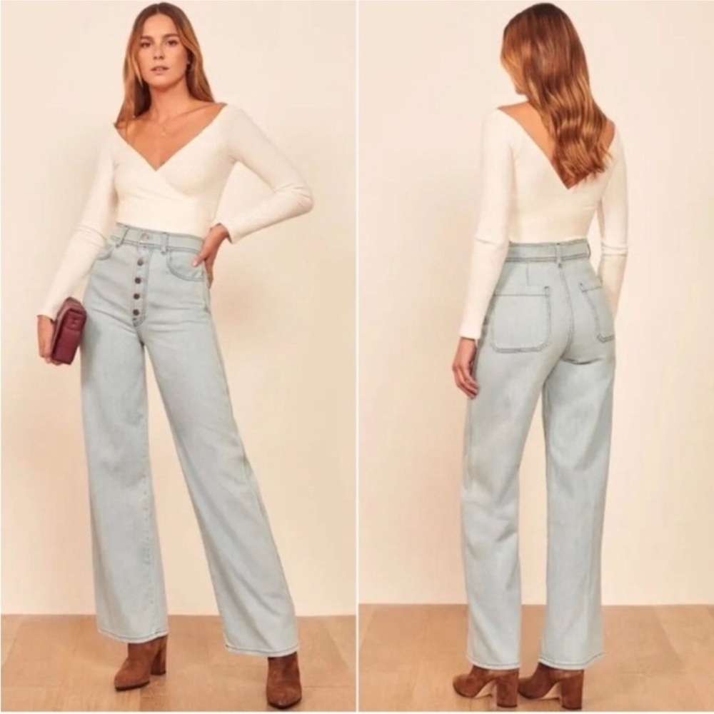 Reformation Jeans Olive High Waist Jeans Wide Leg Palawan  Button Fly size 26